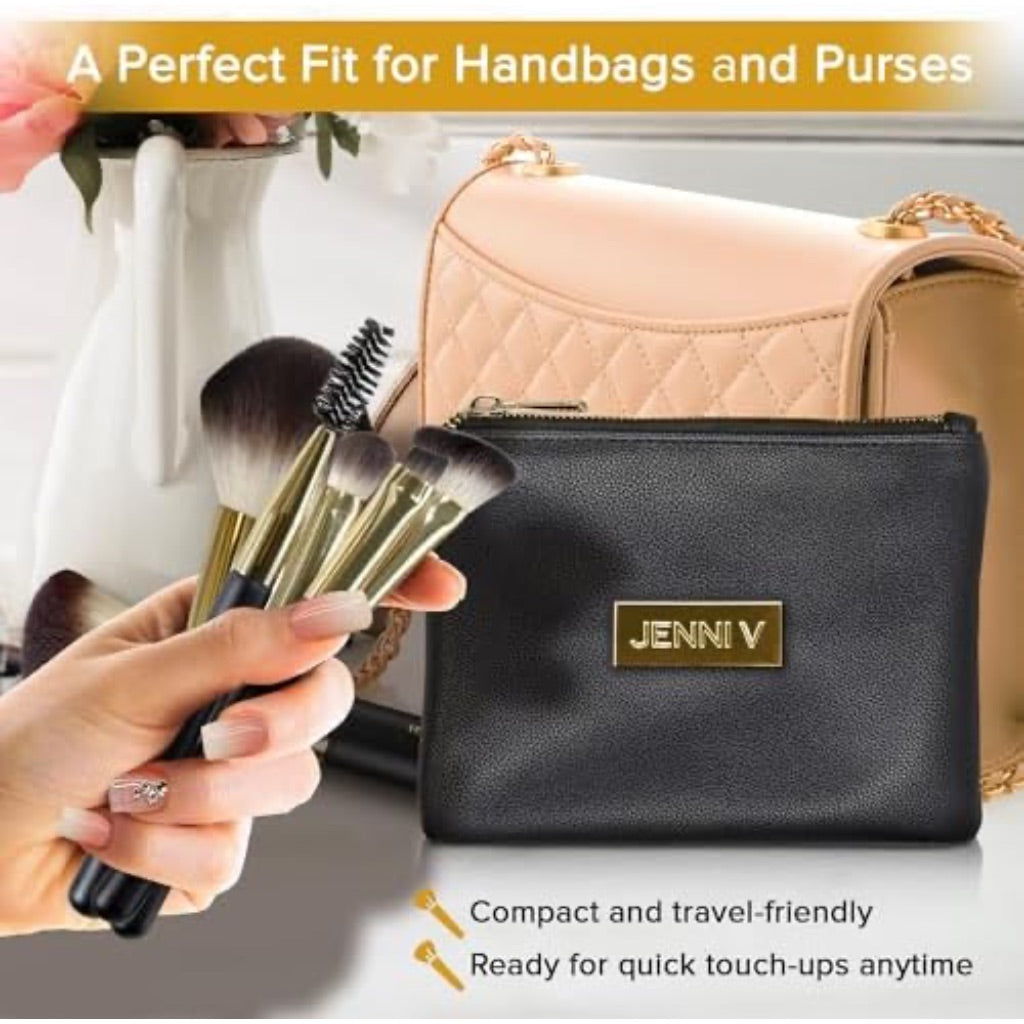 JENNI V Premium Travel Makeup Brushes Set - 14 Pc Mini Makeup Brushes with Handmade Leather Case