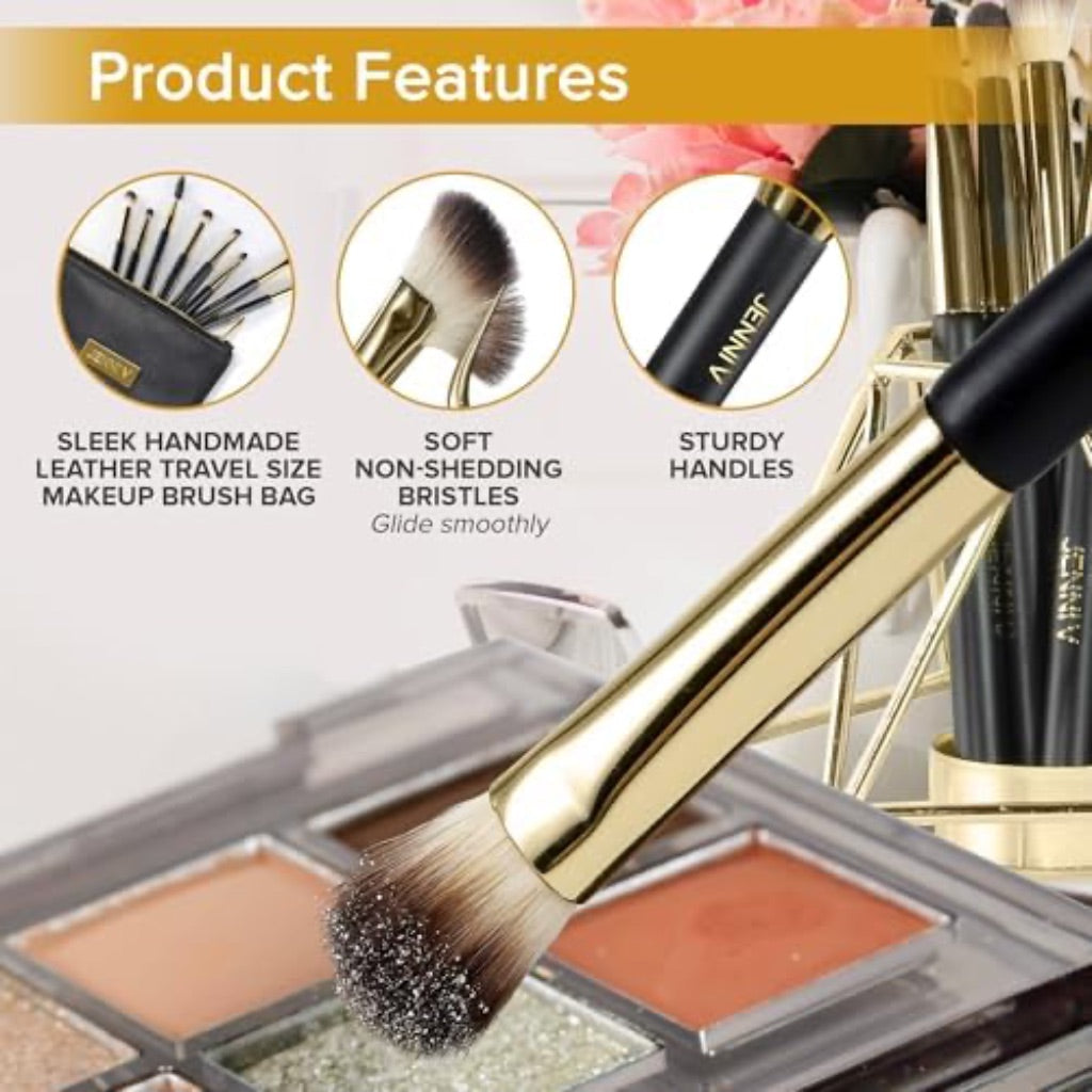 JENNI V Premium Travel Makeup Brushes Set - 14 Pc Mini Makeup Brushes with Handmade Leather Case