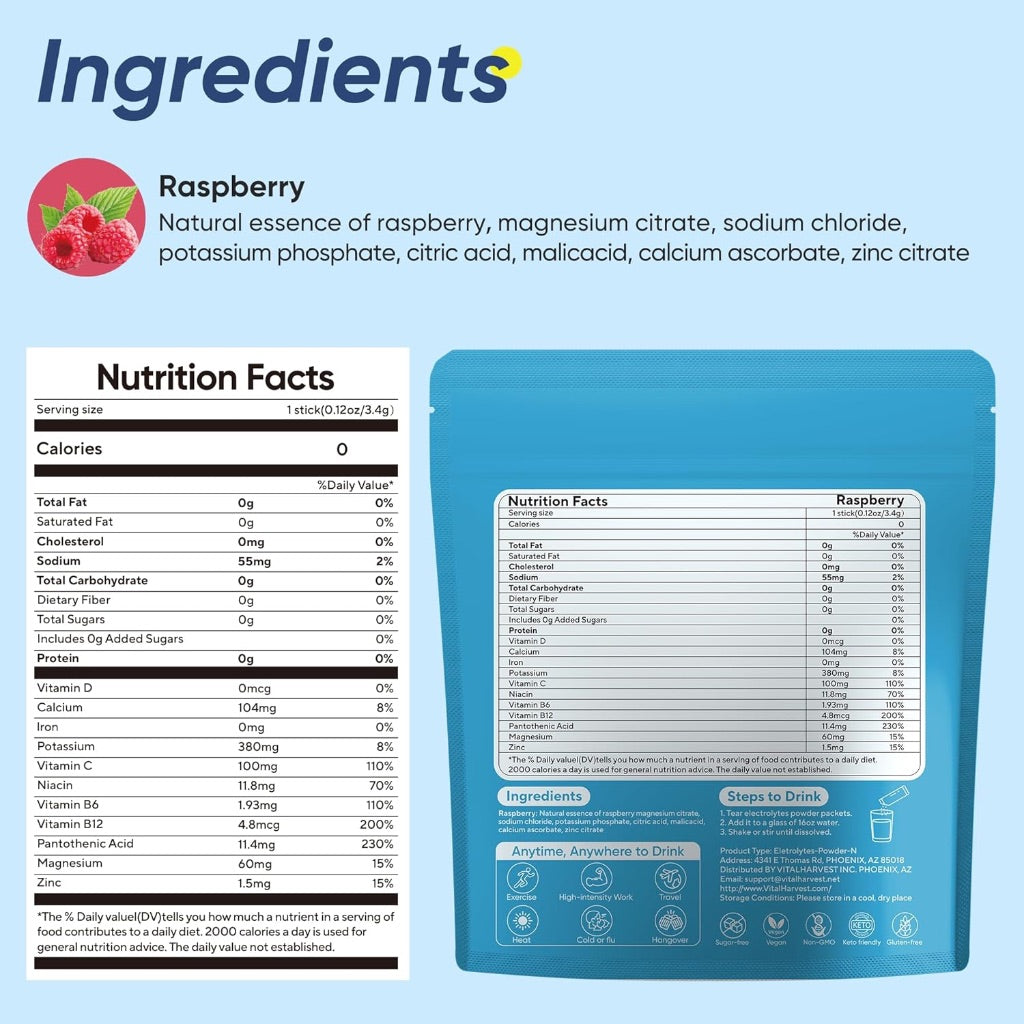 VitalHarvest Electrolytes Hydration Powder Packets - Raspberry, 36 Sticks