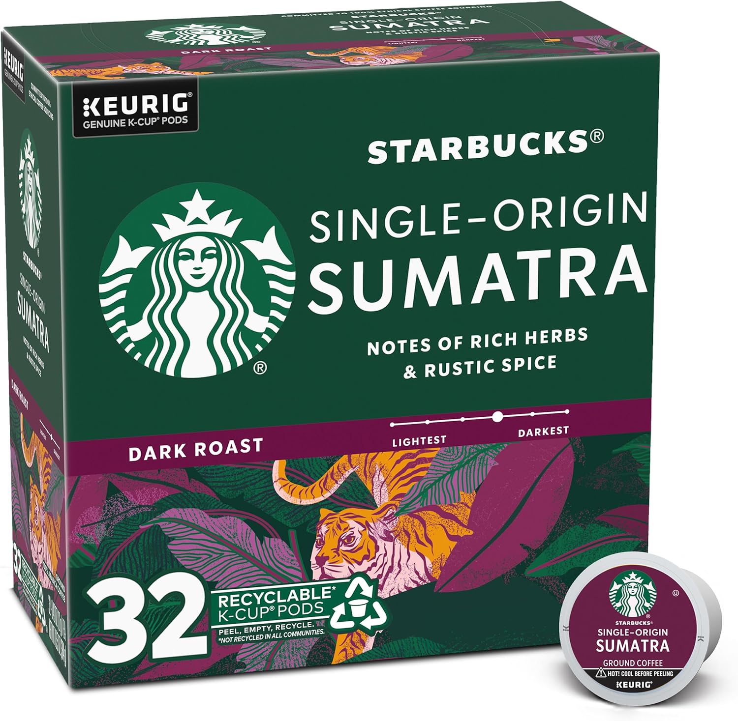 Starbucks Single-Origin Sumatra Dark Roast Keurig K-Cup Coffee Pods, 32 Count