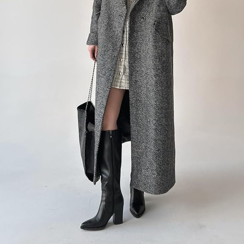 Motimoden Women's Knee High Chunky Heel Pointed Toe Pull On Boots - Black Leather, Size 9.5