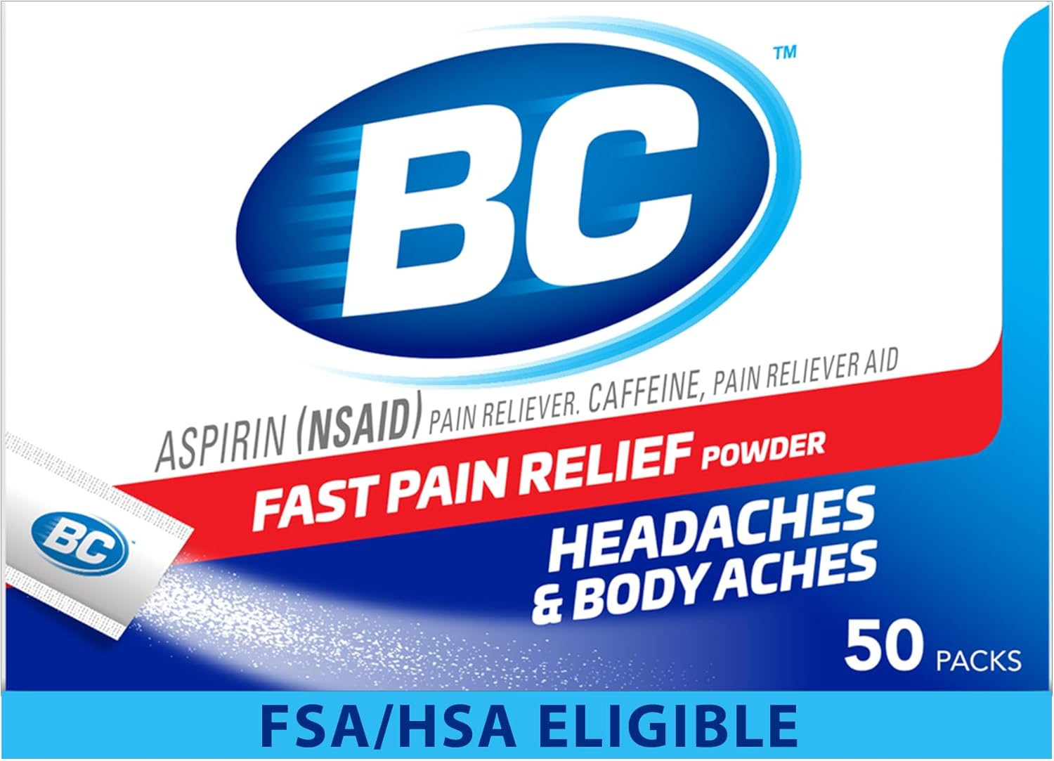 BC Powder Original Strength Headache & Fast Pain Relief Powder with Aspirin (NSAID) - 50ct