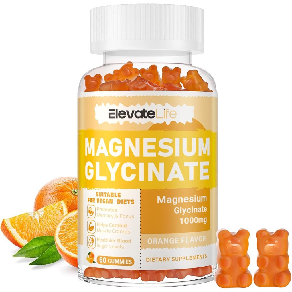 Magnesium Glycinate Gummies 1000mg - Sugar Free Magnesium Potassium Supplement with Vitamin D, B6, CoQ10 for Calm Mood & Sleep Support - 60 Orange Gummies