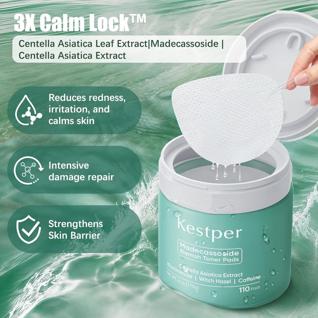 Kestper Day & Night Toner Pads to Soothe Redness, Strengthen Barrier, & Refine Pores with Centella Asiatica, Niacinamide - 110ct