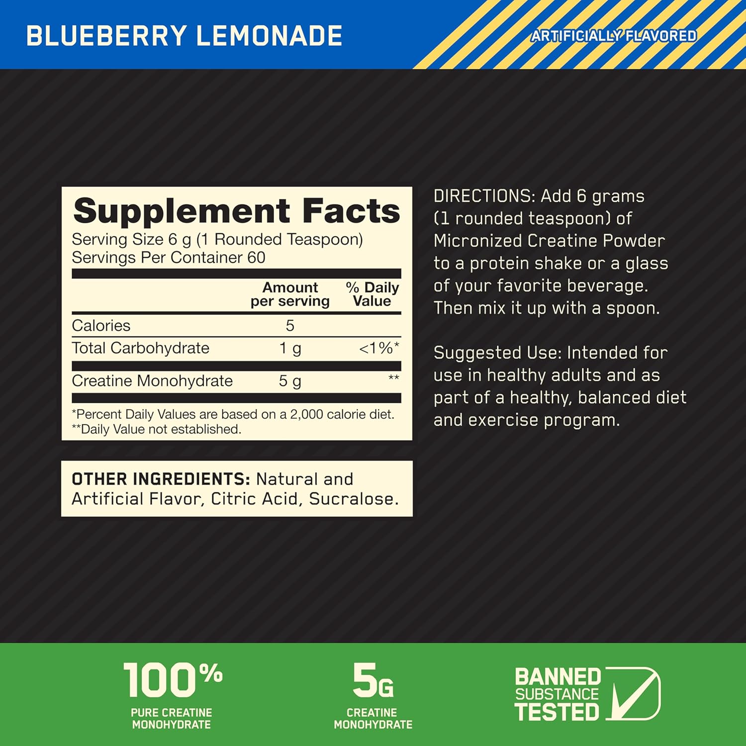 Optimum Nutrition Micronized Creatine Powder - Blueberry Lemonade, 60 Servings
