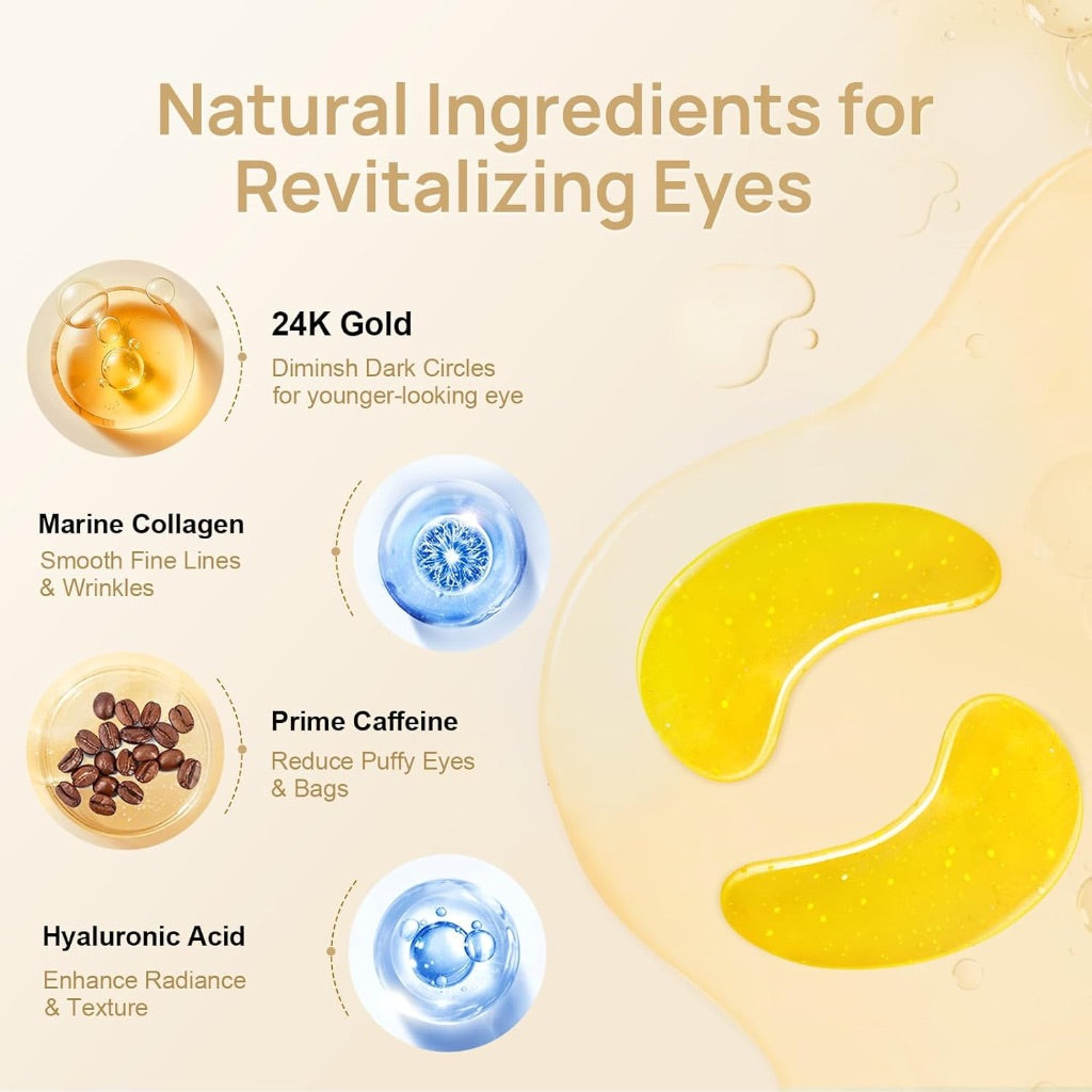 Under Eye Patches - 24K Gold Eye Mask for Puffy Eyes and Dark Circles, Wrinkles, Fine Lines - 24 Pairs