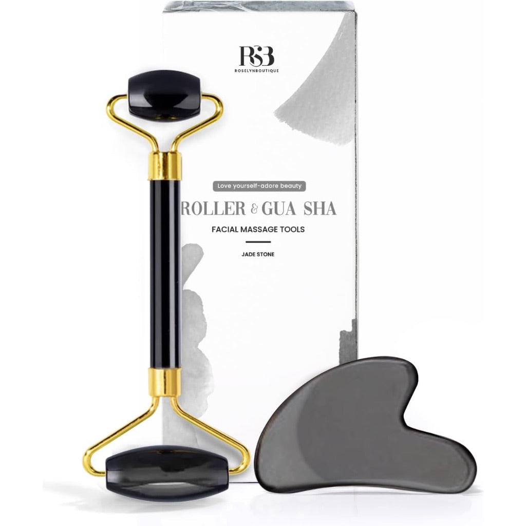 ROSELYNBOUTIQUE Gua Sha & Face Roller, Natural Obsidian Stone (Black Obsidian)
