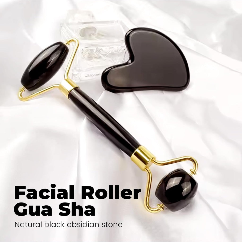 ROSELYNBOUTIQUE Gua Sha & Face Roller, Natural Obsidian Stone (Black Obsidian)