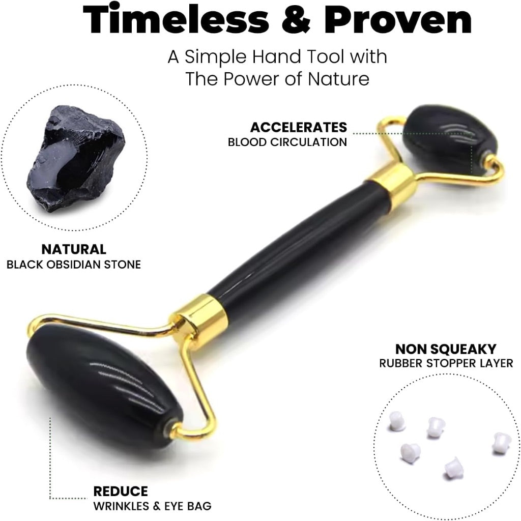 ROSELYNBOUTIQUE Gua Sha & Face Roller, Natural Obsidian Stone (Black Obsidian)