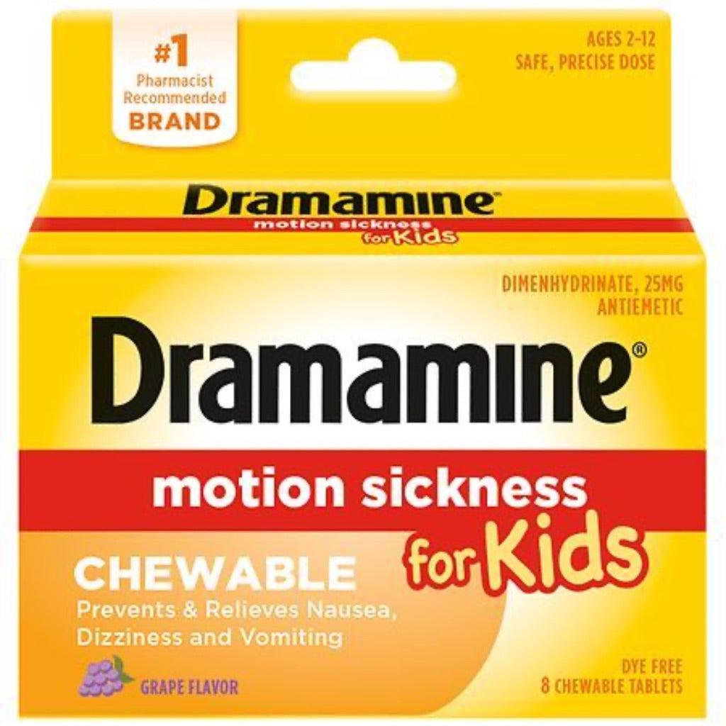 Dramamine Kids Chewable Motion Sickness Relief Tablets for Nausea, Dizziness & Vomiting - Grape, 8ct