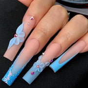 Press on Nails with Designs, Flower, Rhinestones, and Glitter - Glossy Glue-On Long Square Nails - Blue, 24pcs
