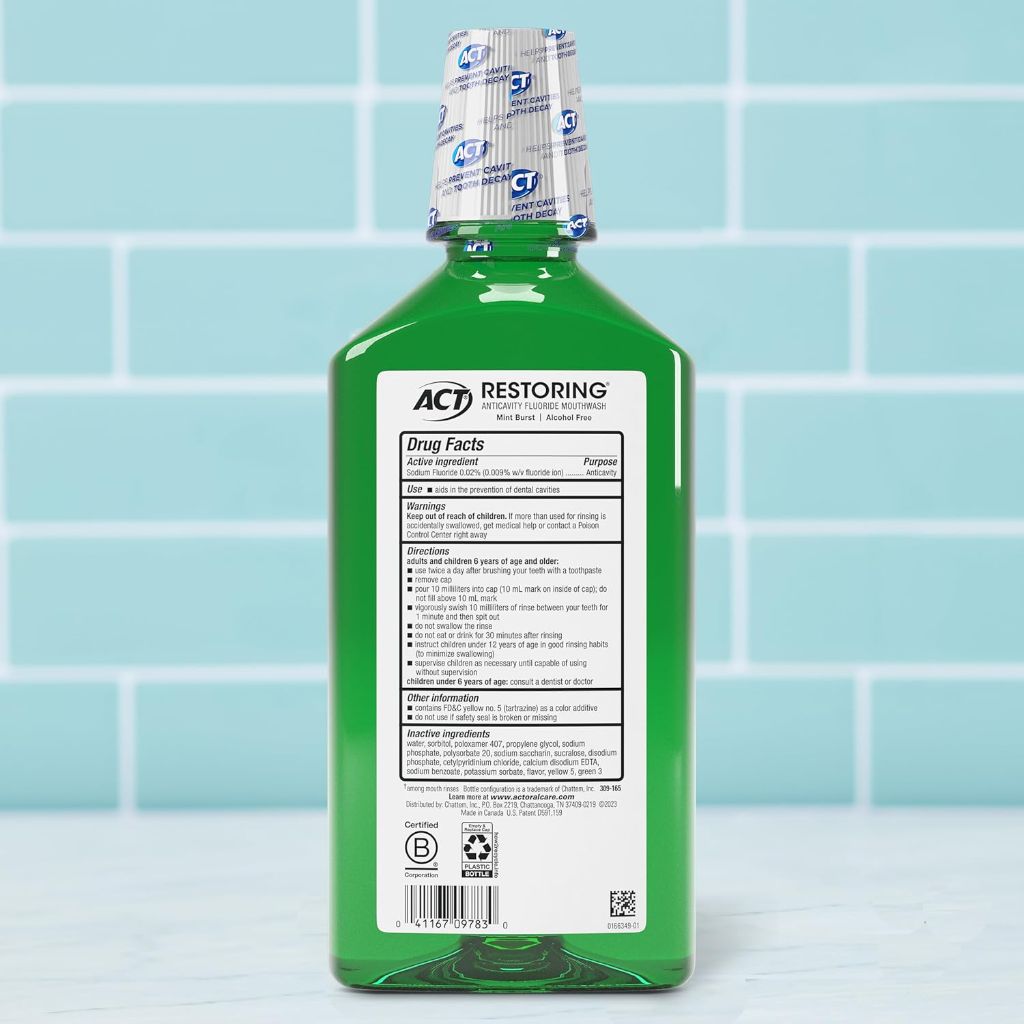 ACT Restoring Anticavity Fluoride Mouthwash, Zero Alcohol - Mint Burst, 33.8 fl. oz.