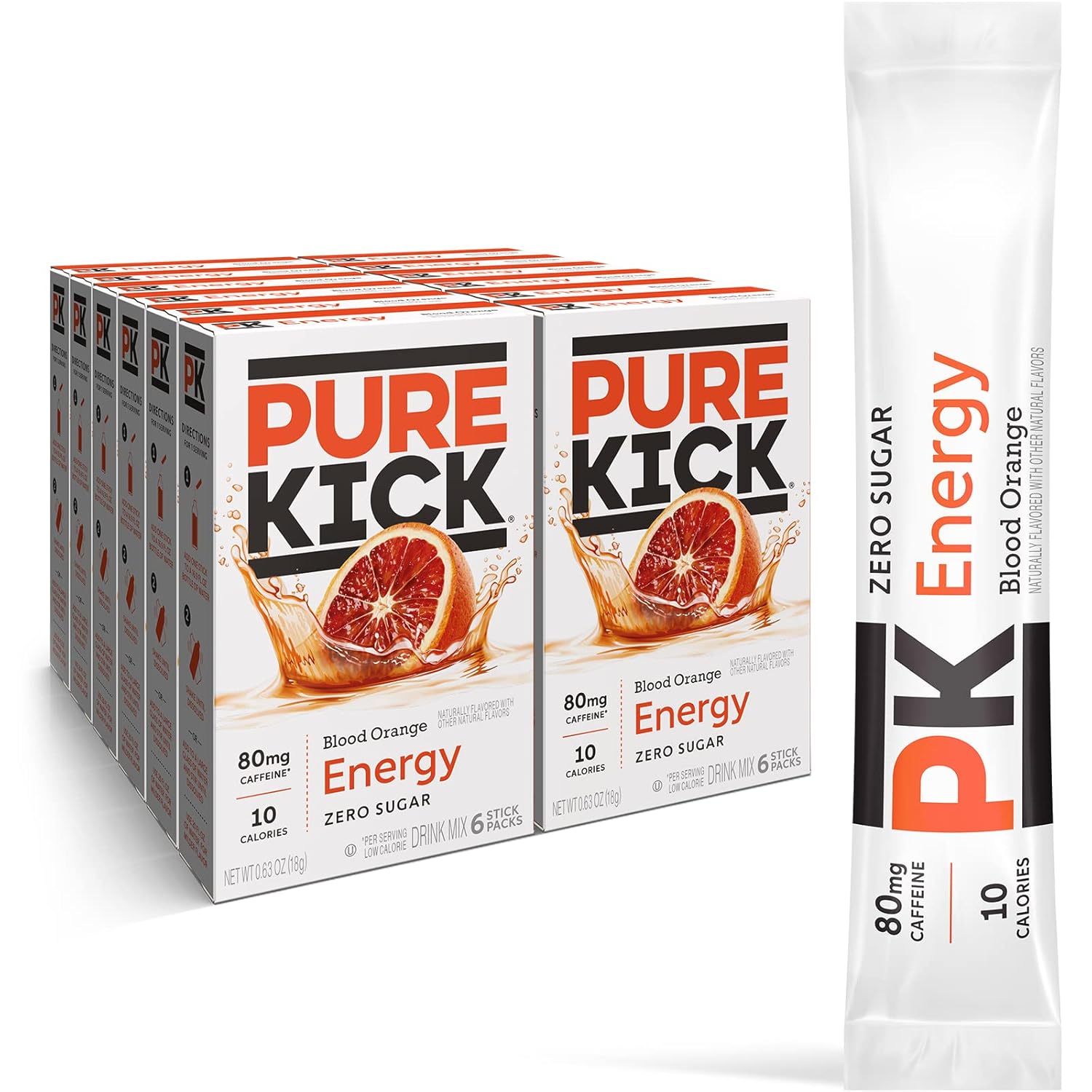Pure Kick Energy Singles To Go Drink Mix, Blood Orange, Includes 12 Boxes with 6 Packets in each Box, 72 Total Packets