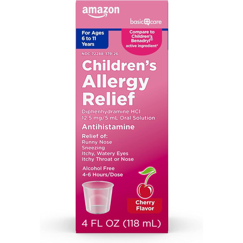 Amazon Basic Care Children's Allergy Relief Oral Solution Diphenhydramine HCl - Cherry, 4 fl. oz.
