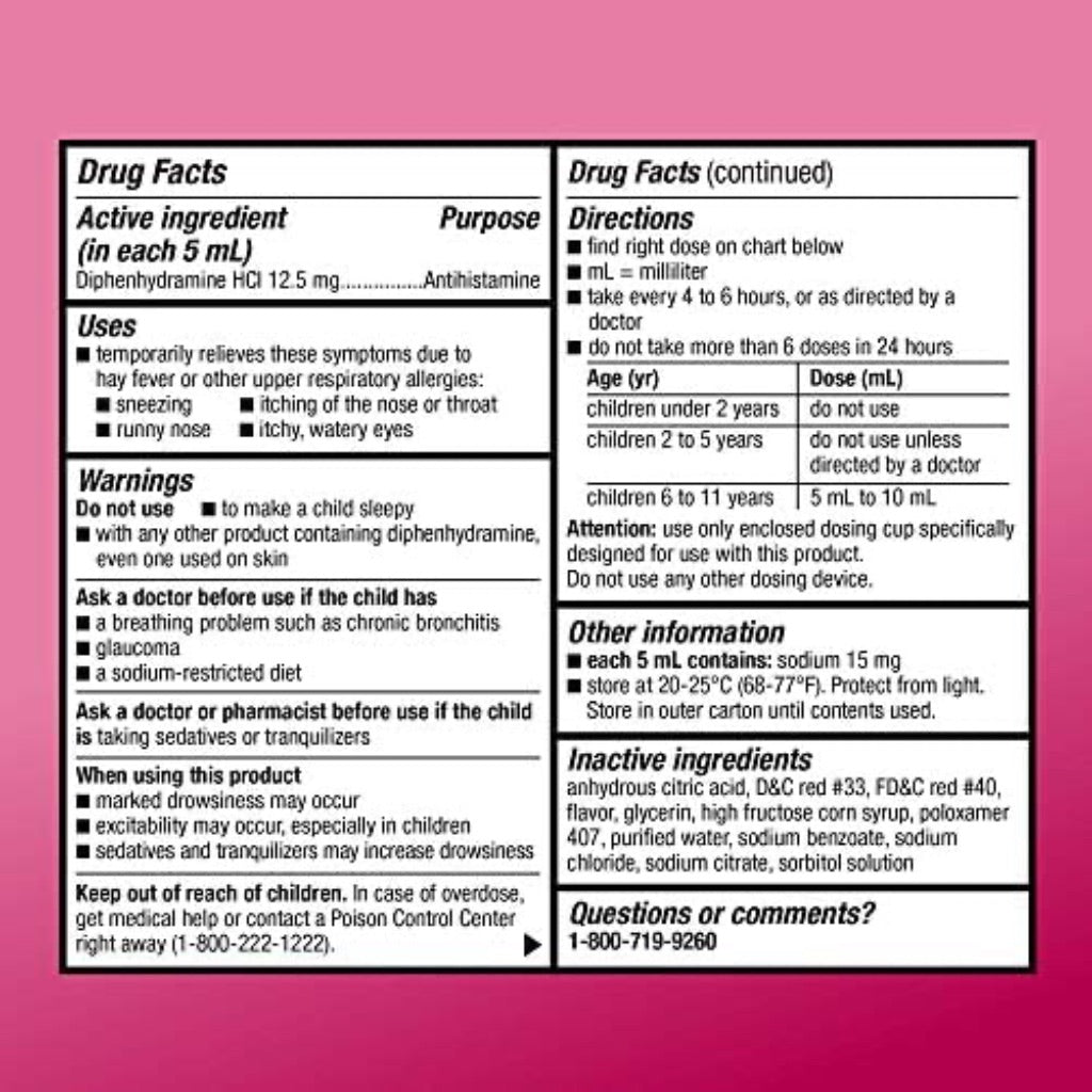 Amazon Basic Care Children's Allergy Relief Oral Solution Diphenhydramine HCl - Cherry, 4 fl. oz.
