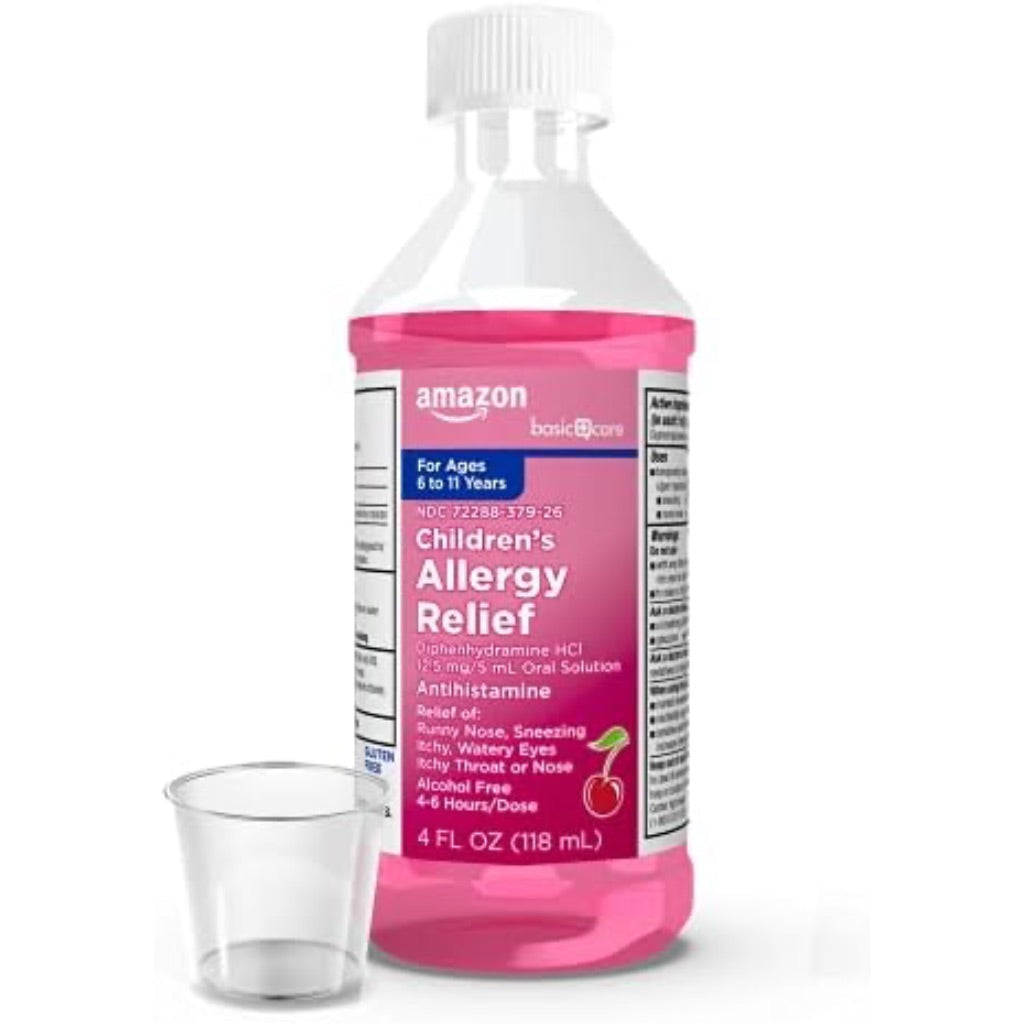 Amazon Basic Care Children's Allergy Relief Oral Solution Diphenhydramine HCl - Cherry, 4 fl. oz.