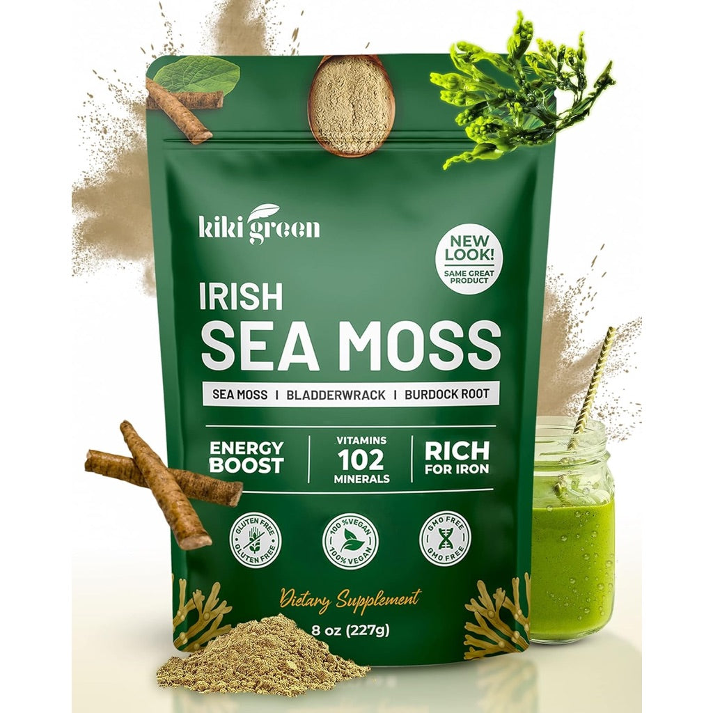 KIKI Green Irish Sea Moss Powder 8 Oz - with Bladderwrack Burdock Root Extract for Immune Support - Keto, Vegan Supplement