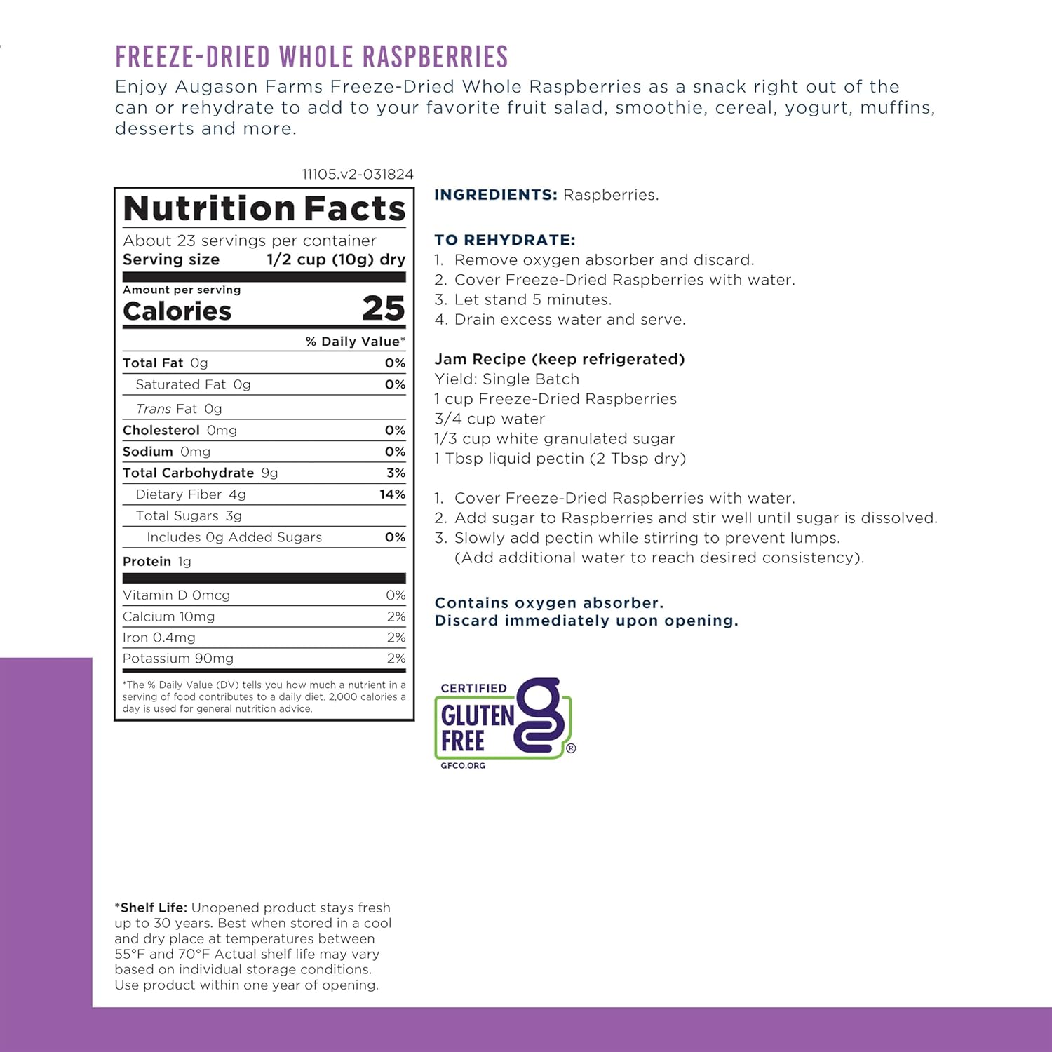 Augason Farms Freeze-Dried Whole Raspberries, Emergency Food Supply, 8oz (23 Servings)