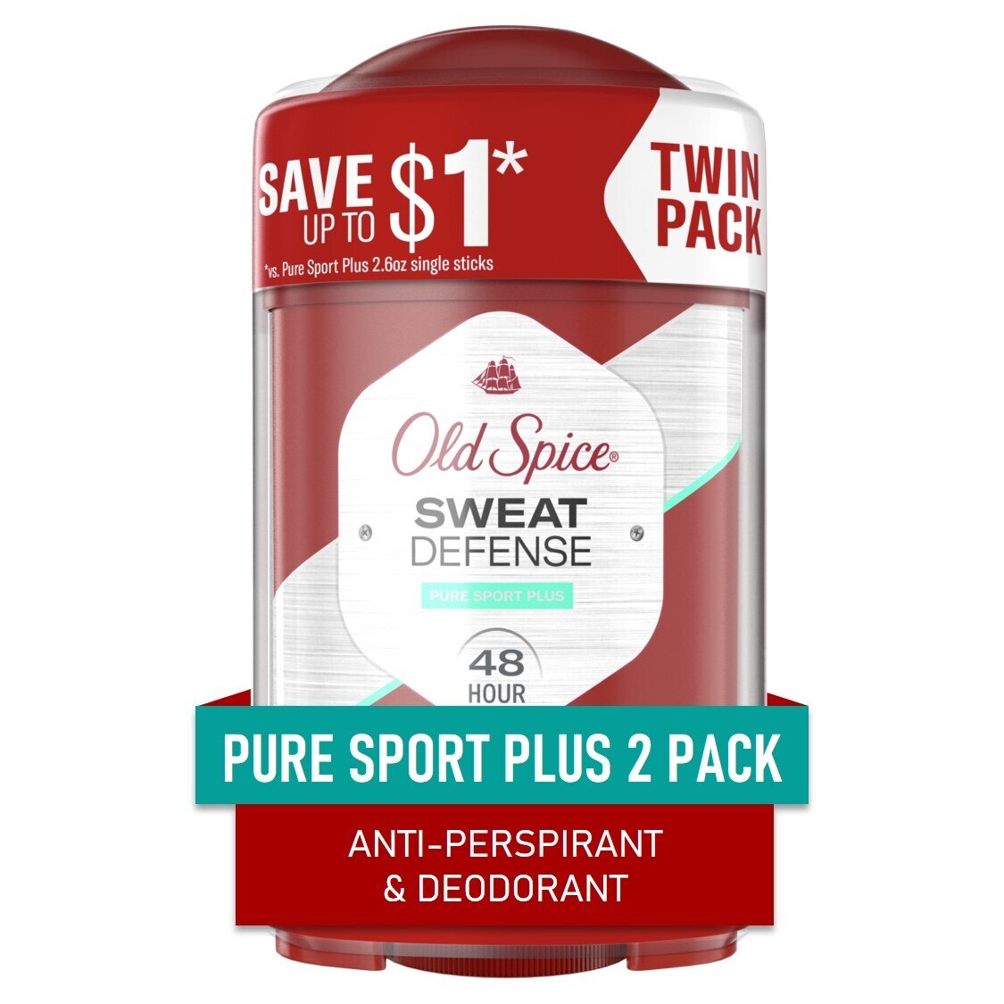 Old Spice Men's Sweat Defense Invisible Solid Antiperspirant Deodorant Stick - Pure Sport Plus, 2.6 oz (2 Pack)