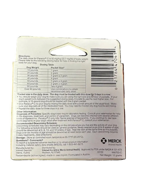Panacur C Canine Dewormer (Fenbendazole) Six 4-Gram Packets (40 Pounds)