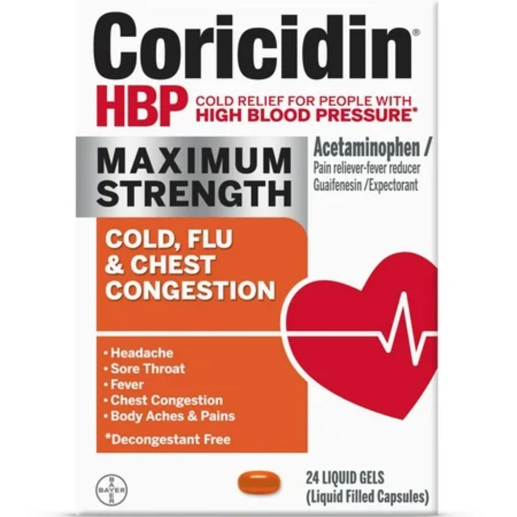 Coricidin HBP Maximum Strength Cold  Cough & Flu Medicine  Liquid Gels  24 Ct