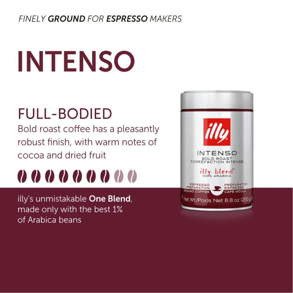 illy Intenso Bold Roast Espresso Ground Coffee, 8.8oz Can (6 Pack)