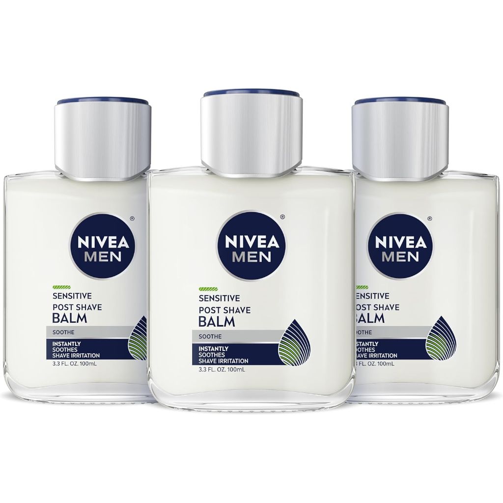 NIVEA MEN Sensitive Soothing Post Shave Balm with Vitamin E, Pro-Vitamin B5 and Chamomile Extract, Alcohol Free After Shave Balm for Men, Non-Greasy, 3.3 Fl Oz Bottle, Pack of 3