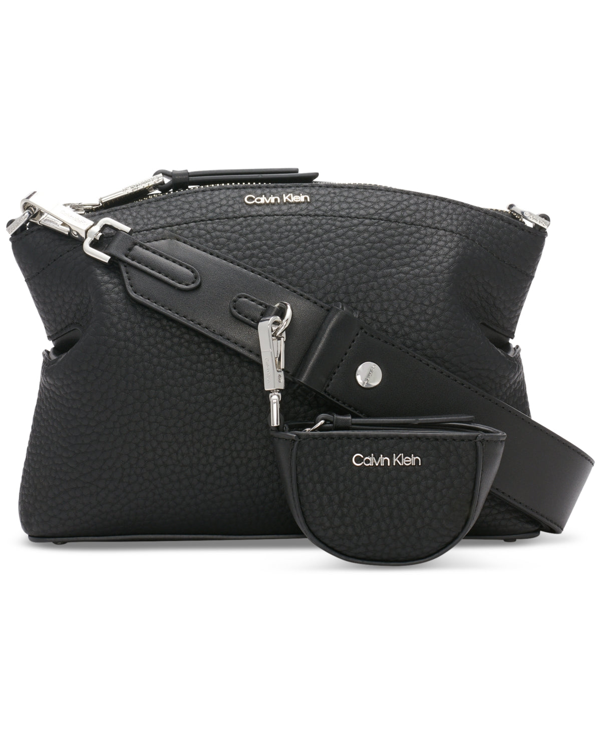 Calvin Klein Cypress Top Zip Convertible Crossbody Purse with Pouch - Black Leather