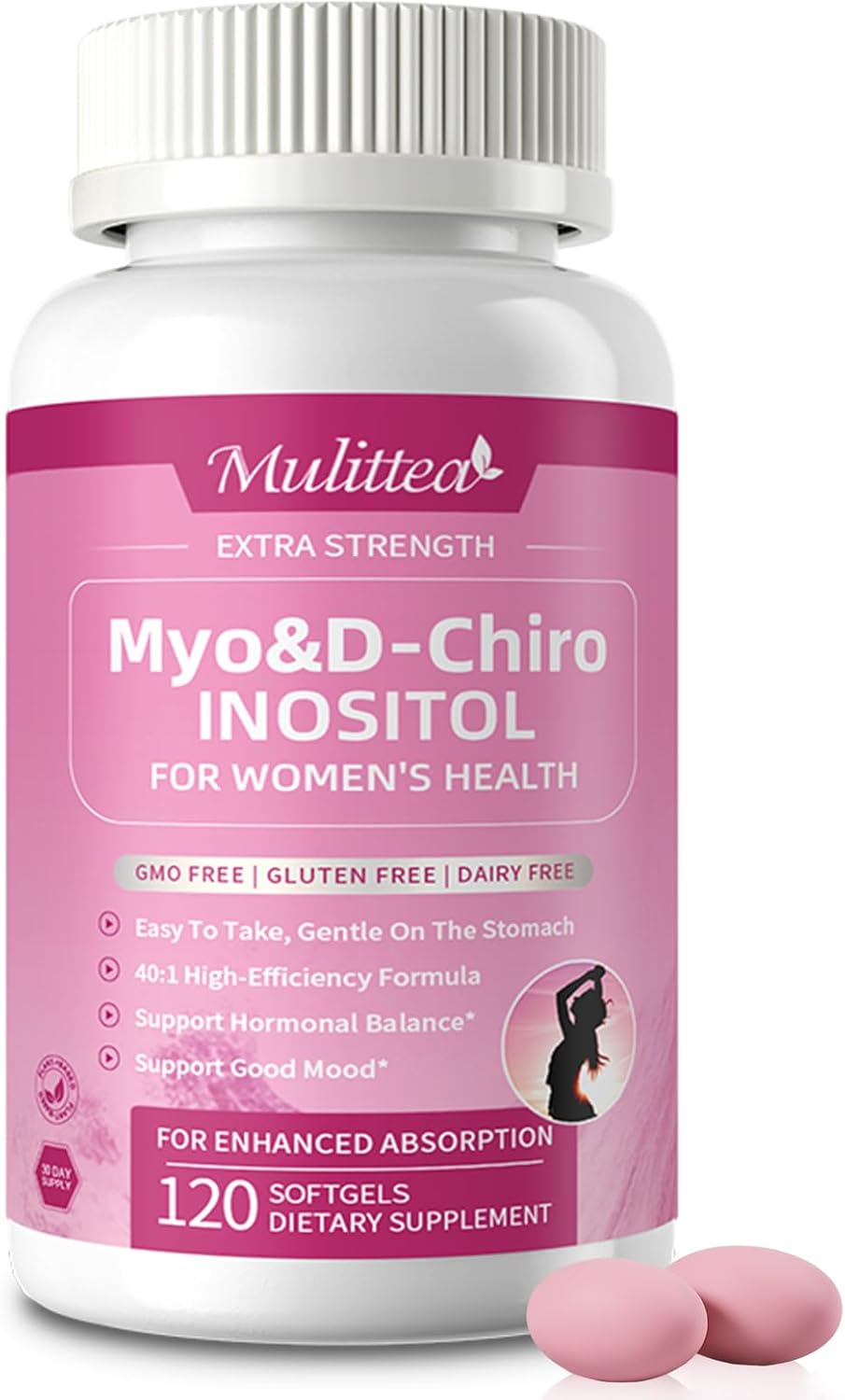 Mulittea Liposomal Myo-Inositol & D-Chiro Inositol Supplement for Women - 40:1 Ratio Plus Omega-3 - Hormone Balance, Support Ovarian, Help Menstrual Cycles & Mood - Vegan 120 Softgels