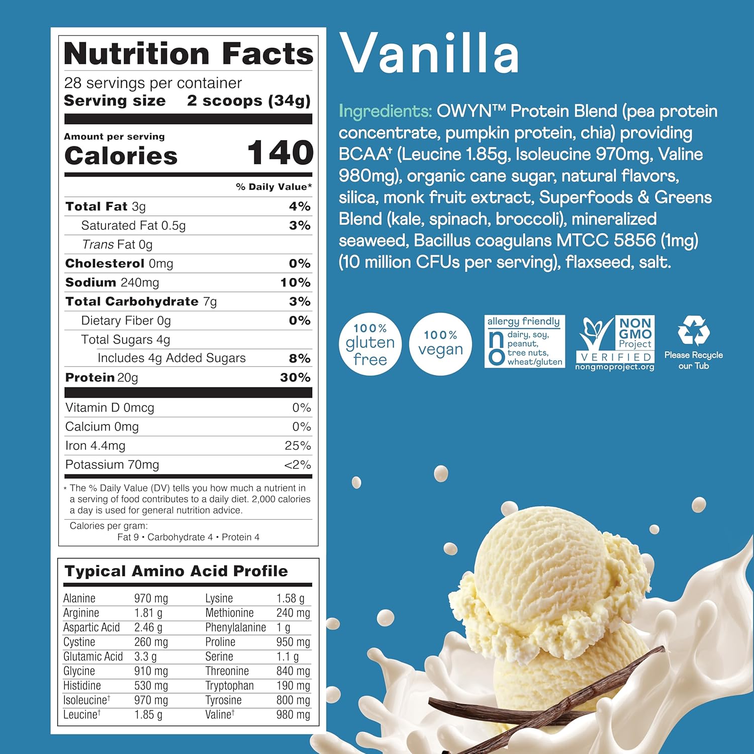 OWYN Only What You Need Dairy-Free Protein Powder - Smooth Vanilla, 2 lbs.