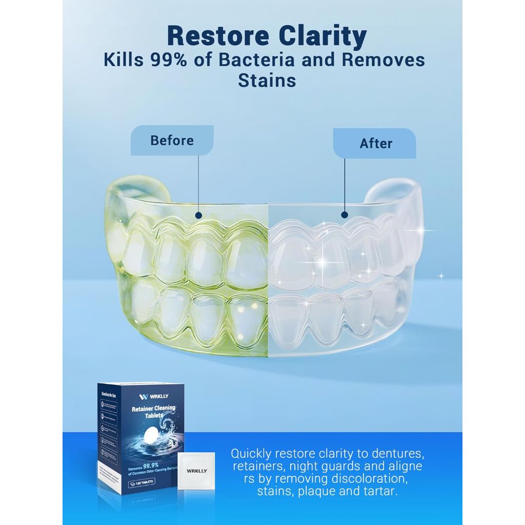 Retainer Cleaner Tablets for Denture Cleaning, Invisalign, Night Mouth Guards - Mint Fresh, 120ct