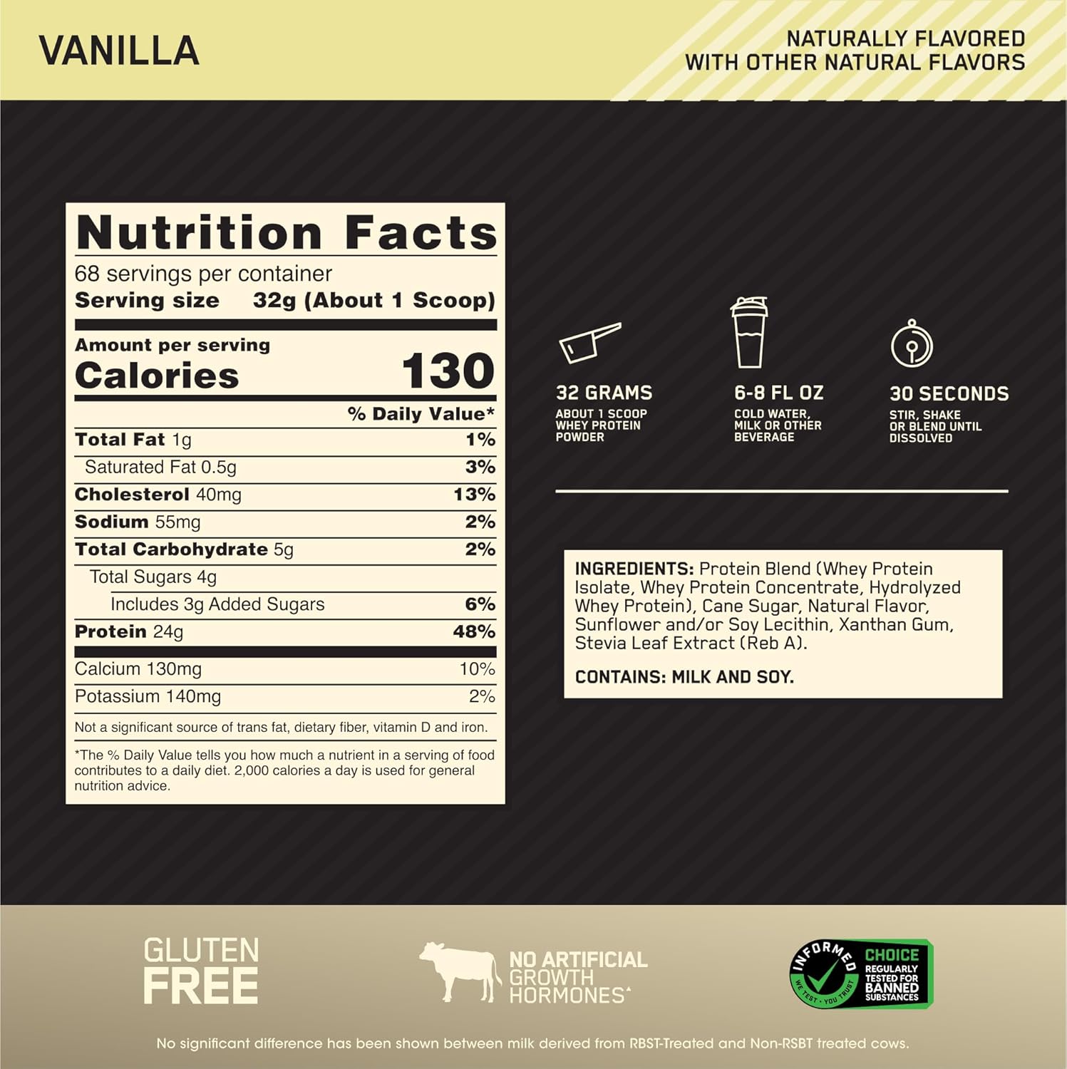 Optimum Nutrition Gold Standard 100% Whey Protein Powder - Naturally Flavored Vanilla, 4.8 lbs.