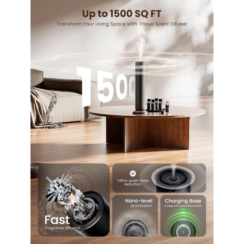 Waterless Scent Diffuser Kit Include 5x20ml Essential Oils, Essential Oil Diffuser for Home, Hotel & Office, APP&Remote Control, Quiet Operation, Pets and Kids Friendly, Max Coverage 1500 Sq Ft