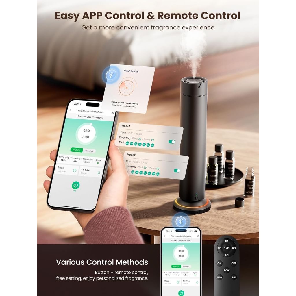 Waterless Scent Diffuser Kit Include 5x20ml Essential Oils, Essential Oil Diffuser for Home, Hotel & Office, APP&Remote Control, Quiet Operation, Pets and Kids Friendly, Max Coverage 1500 Sq Ft