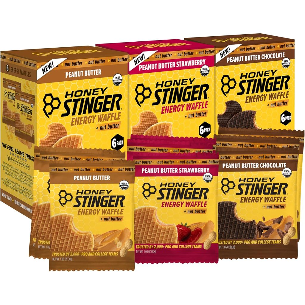 Honey Stinger Organic Energy Waffle Variety Pack, Peanut Butter, PB Chocolate, PB Strawberry - 18ct