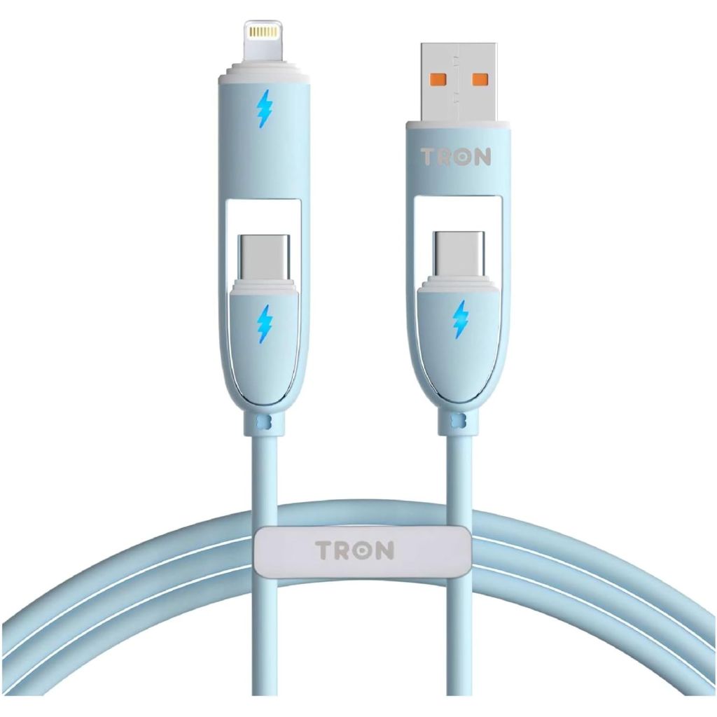 TRON 4-in-1 USB A to C Charger Cable with LED Light - Blue, 5 Ft.