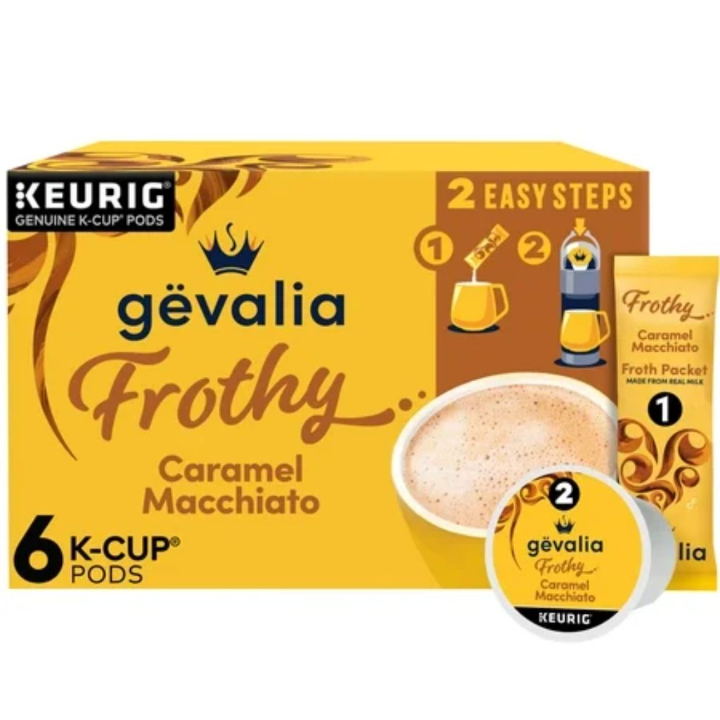 Gevalia Frothy 2-Step Artificially Flavored Caramel Macchiato Espresso Style K-Cup Coffee Pods & Froth Packets Kit  6 ct Box