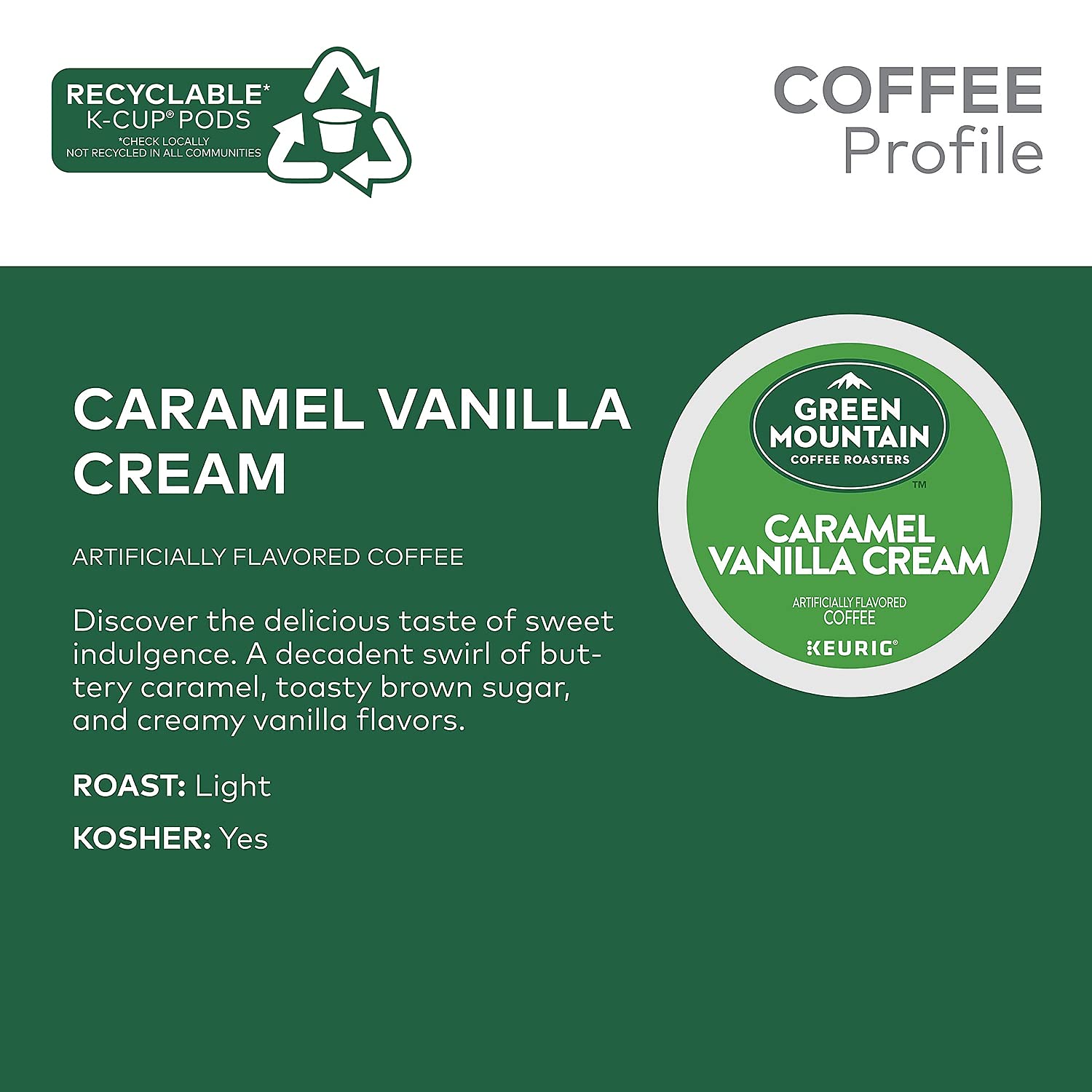 Green Mountain Caramel Vanilla Cream Light Roast Keurig K-Cup Coffee Pods, 96ct