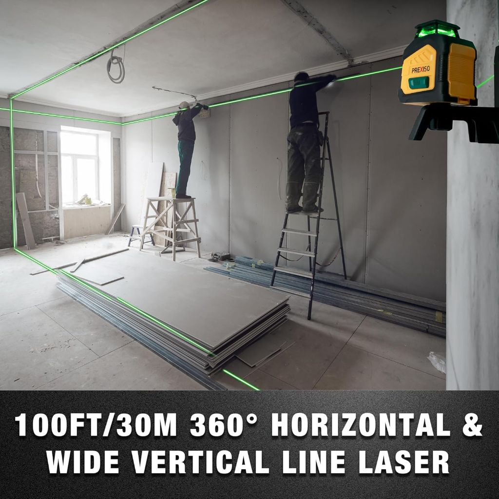 PREXISO 360° Laser Level with Tripod, 100Ft Dual Power Self Leveling Cross Line Laser - Green Beam PLC360GST