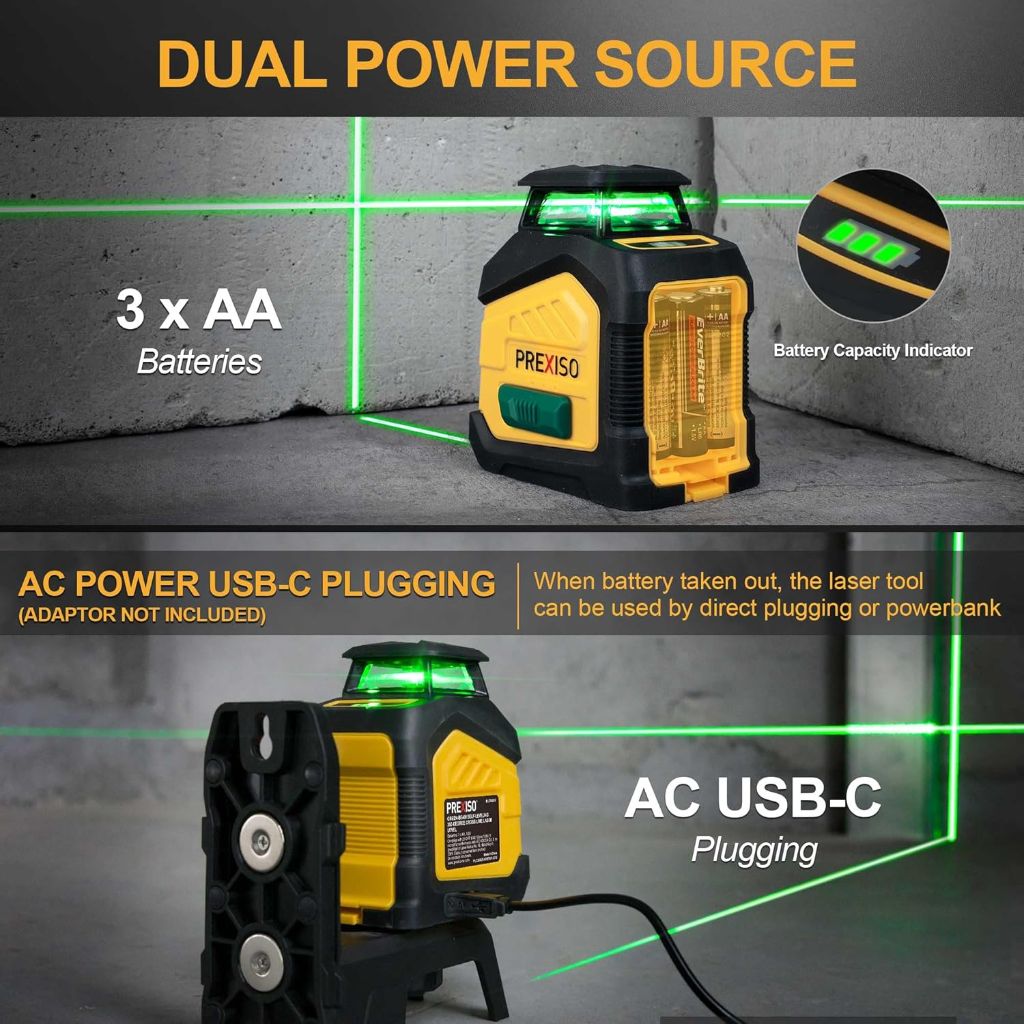 PREXISO 360° Laser Level with Tripod, 100Ft Dual Power Self Leveling Cross Line Laser - Green Beam PLC360GST