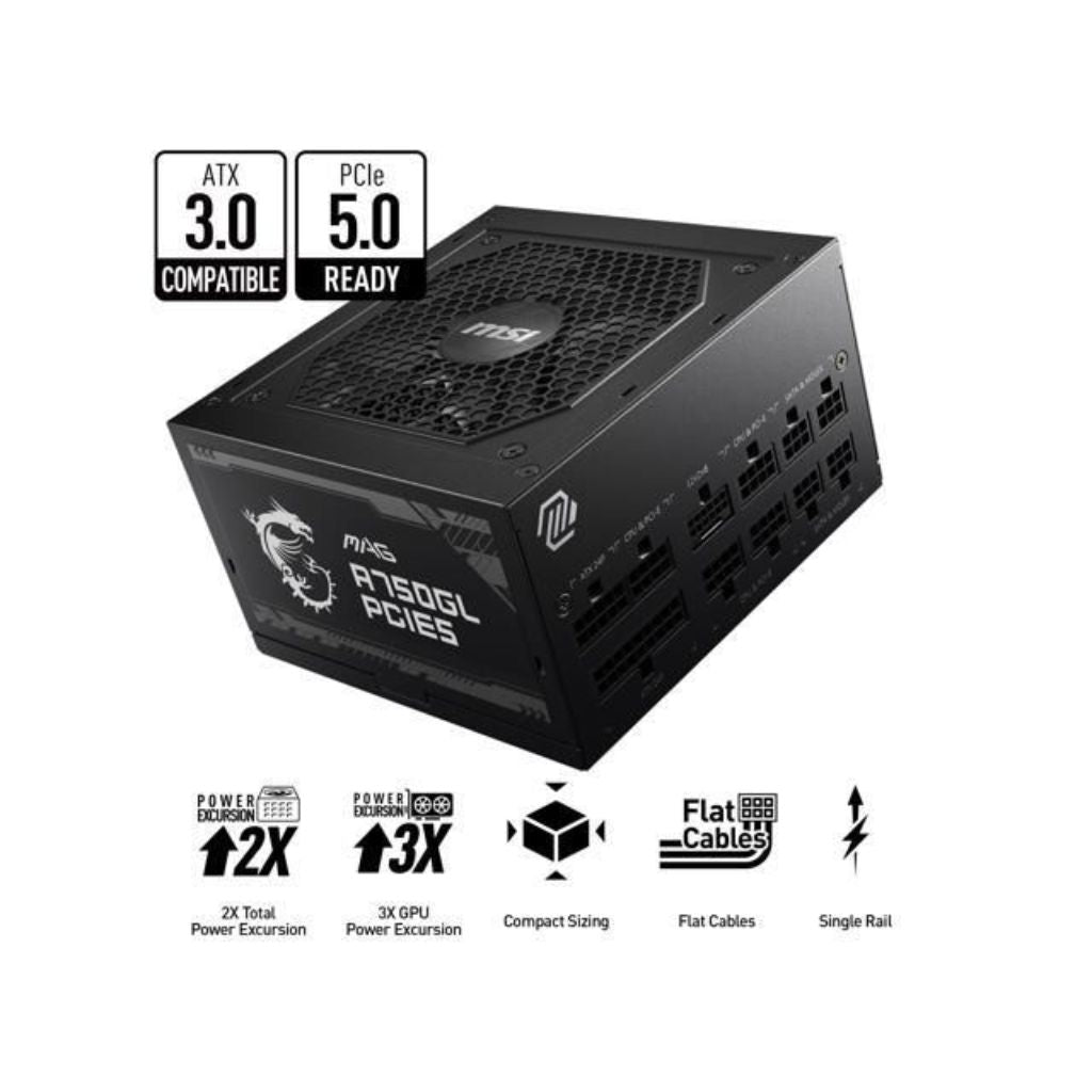 MSI MAG A750GL PCIeS 5 750W ATX 3.1 Full Modular 80 Plus Gold Gaming Power Supply - Black