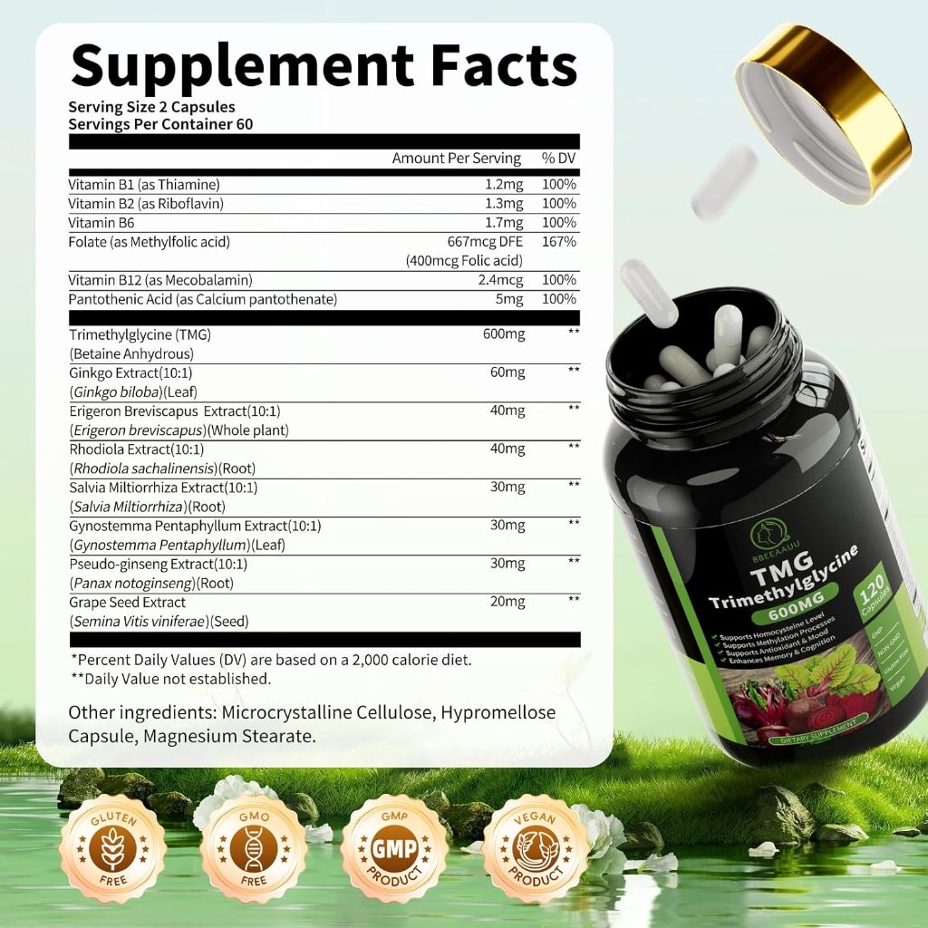 TMG Trimethylglycine 600mg with Vitamin B6, Vitamin B12 & Ginkgo - 120 Caps. (2 Pack)