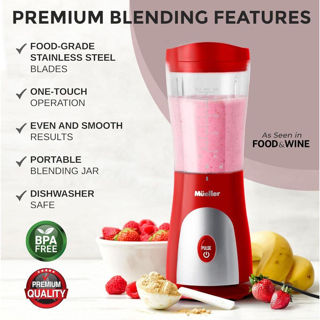 Mueller Smoothie Blender w/15oz Travel Cup and Lid, Durable Stainless Steel Blades - Red