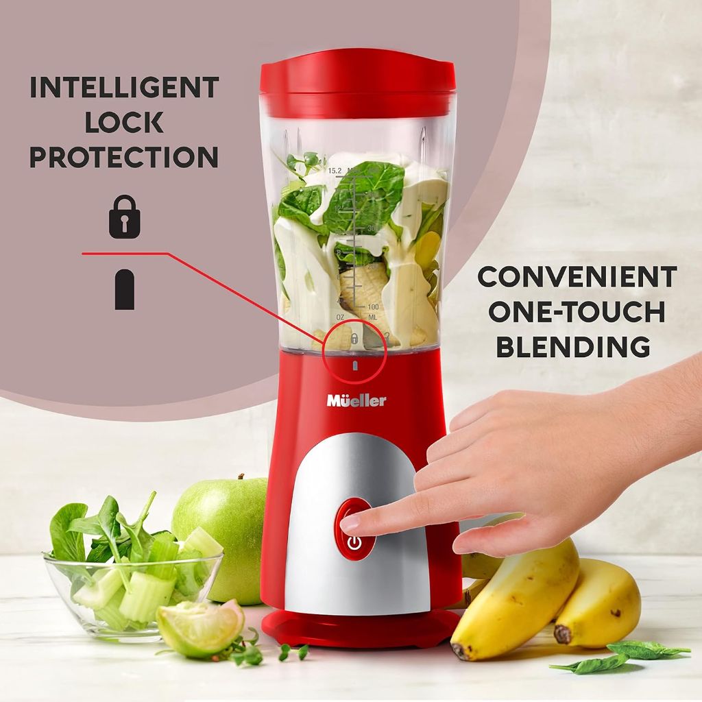 Mueller Smoothie Blender w/15oz Travel Cup and Lid, Durable Stainless Steel Blades - Red