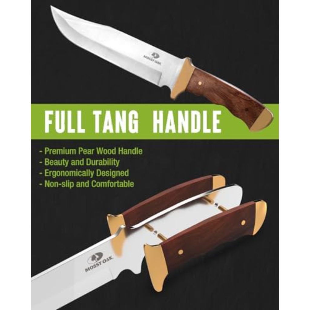Mossy Oak 14-inch Bowie Knife, Full-Tang Fixed Blade, Wood Handle with Leather Sheath