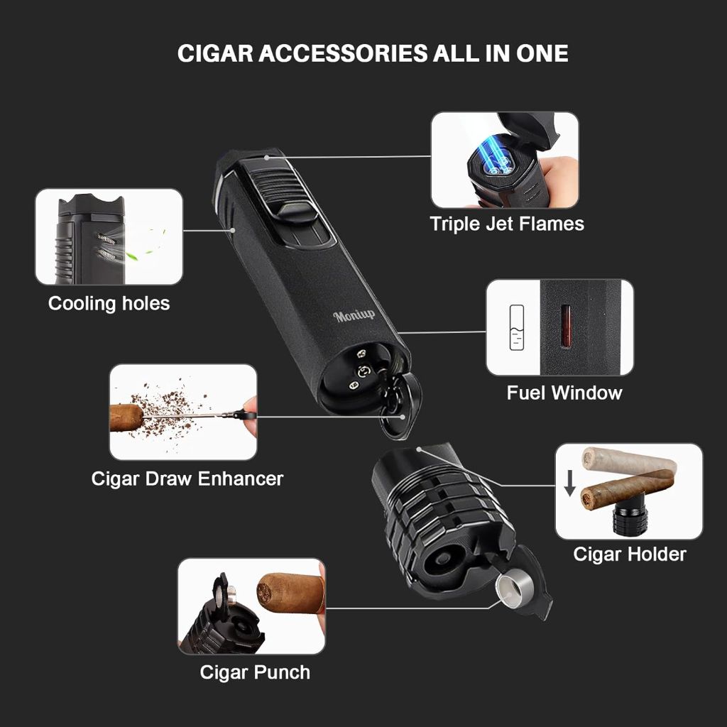 Moniup Cigar Torch Lighter with Triple Flame, 2 Cigar Holders, Cigar Draw Enhancer, Cigar Punch, Refillable Butane