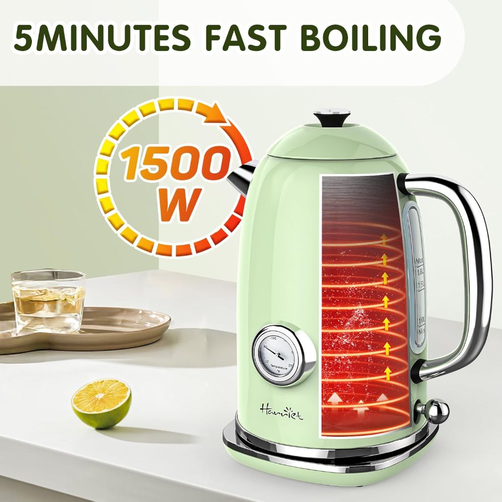 Harriet Electric Kettle, 1.8L Retro Electric Tea Kettle with Thermometer, LED Indicator, Fast Boiling, Cordless, Auto Shut-Off - Light Green *Damaged Box*