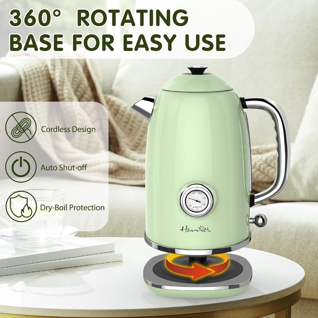 Harriet Electric Kettle, 1.8L Retro Electric Tea Kettle with Thermometer, LED Indicator, Fast Boiling, Cordless, Auto Shut-Off - Light Green *Damaged Box*