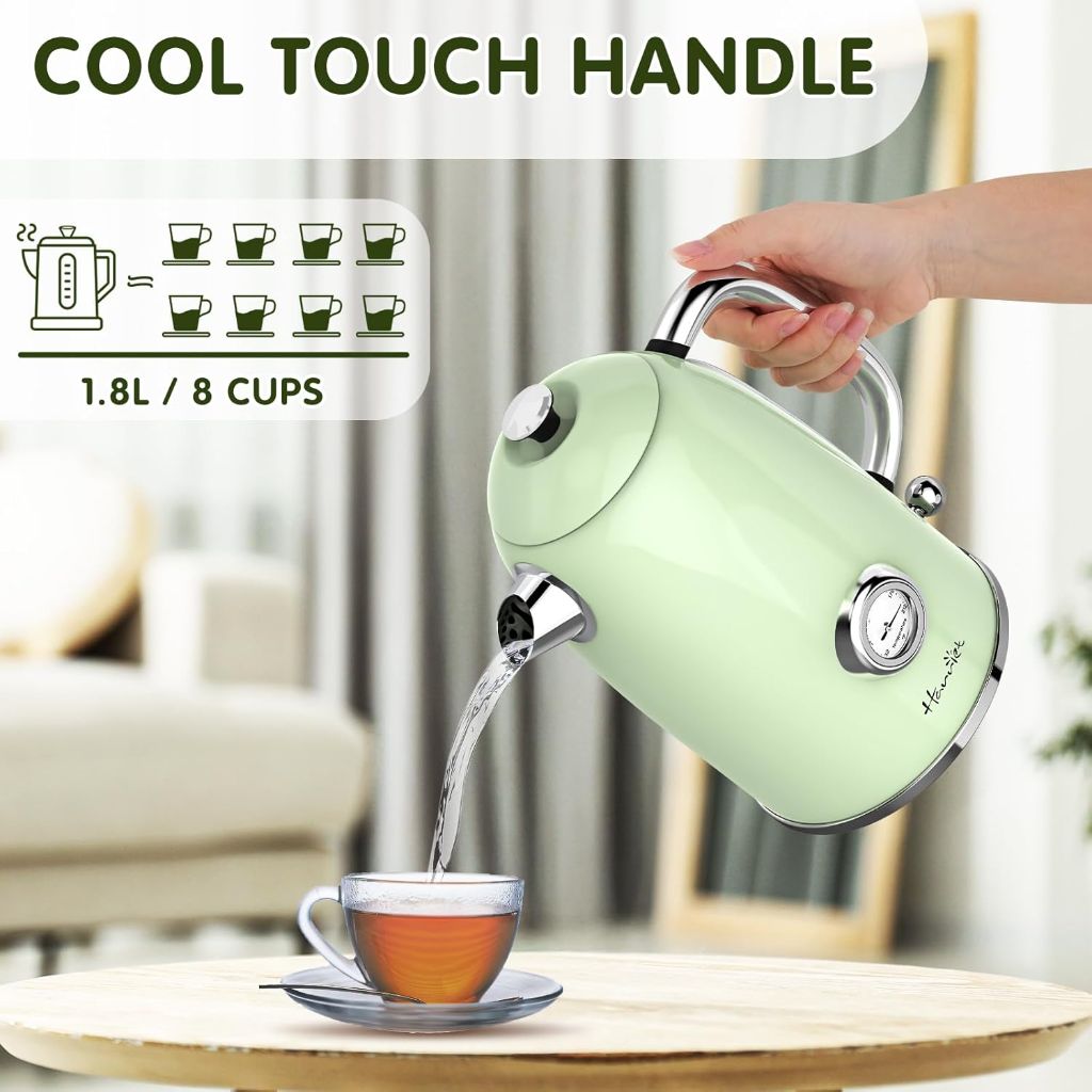 Harriet Electric Kettle, 1.8L Retro Electric Tea Kettle with Thermometer, LED Indicator, Fast Boiling, Cordless, Auto Shut-Off - Light Green *Damaged Box*