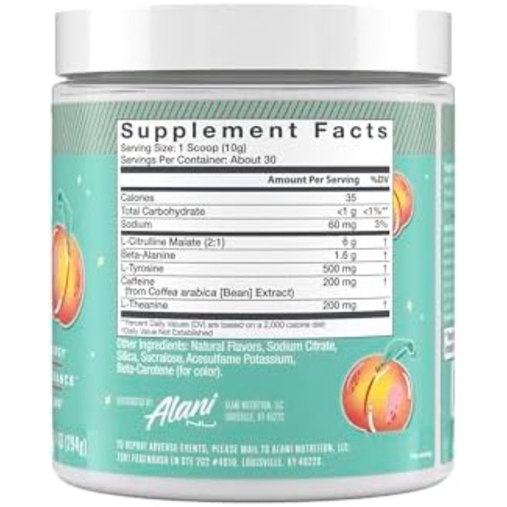 Alani Nu Pre Workout Powder Juicy Peach - Sugar Free, 200mg Caffeine, 30 Servings